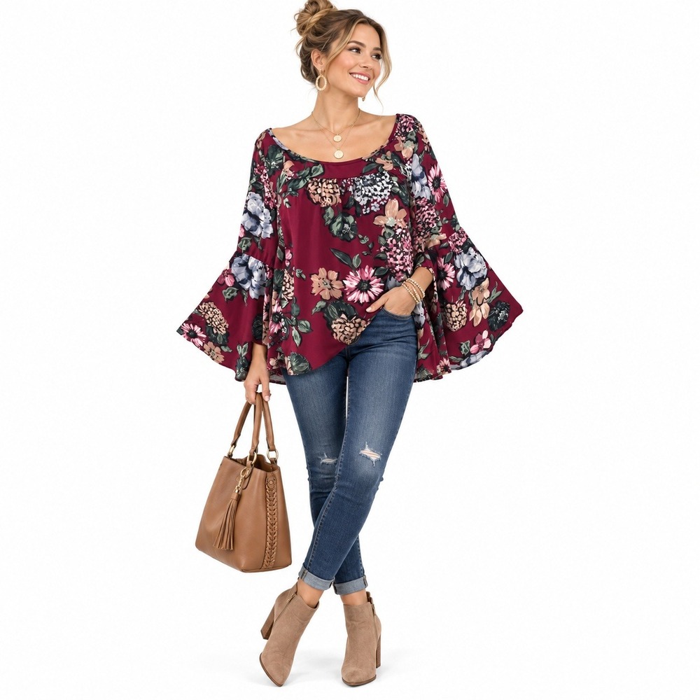 Mabel Blouse Womens Large Burgundy Floral Bell Sleeve MT 754 Boho Chiffon Top